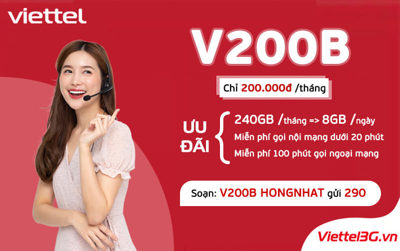 Gói cước V200B Viettel ưu đãi 240GB kèm nghe gọi